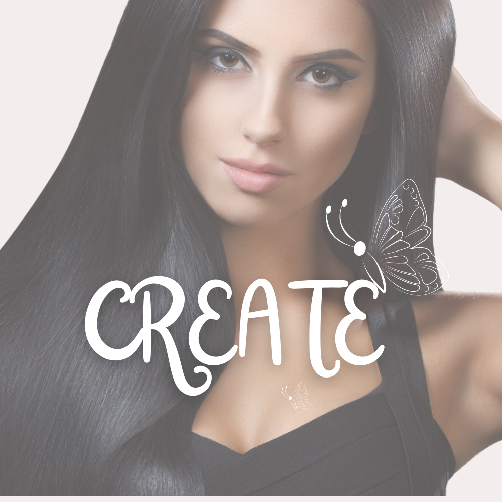 A woman with slick thick black hair and a Create LLUCCI Beauty Logo