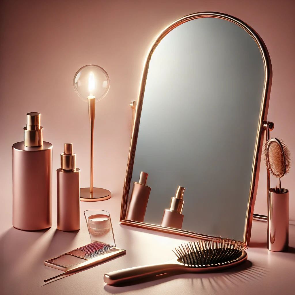 A LLUCCI Beauty mirror, perfume, brush, and lamp