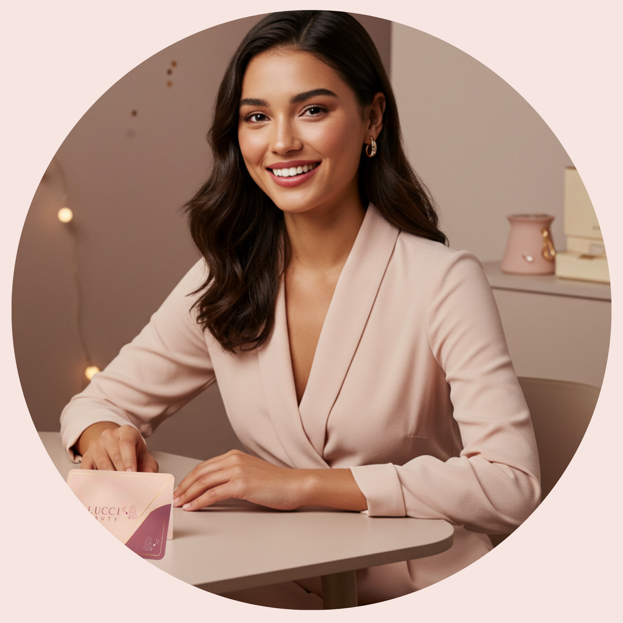 A LLUCCI Beauty customer service rep with a pink suit displaying a LLUCCI gift card at her table