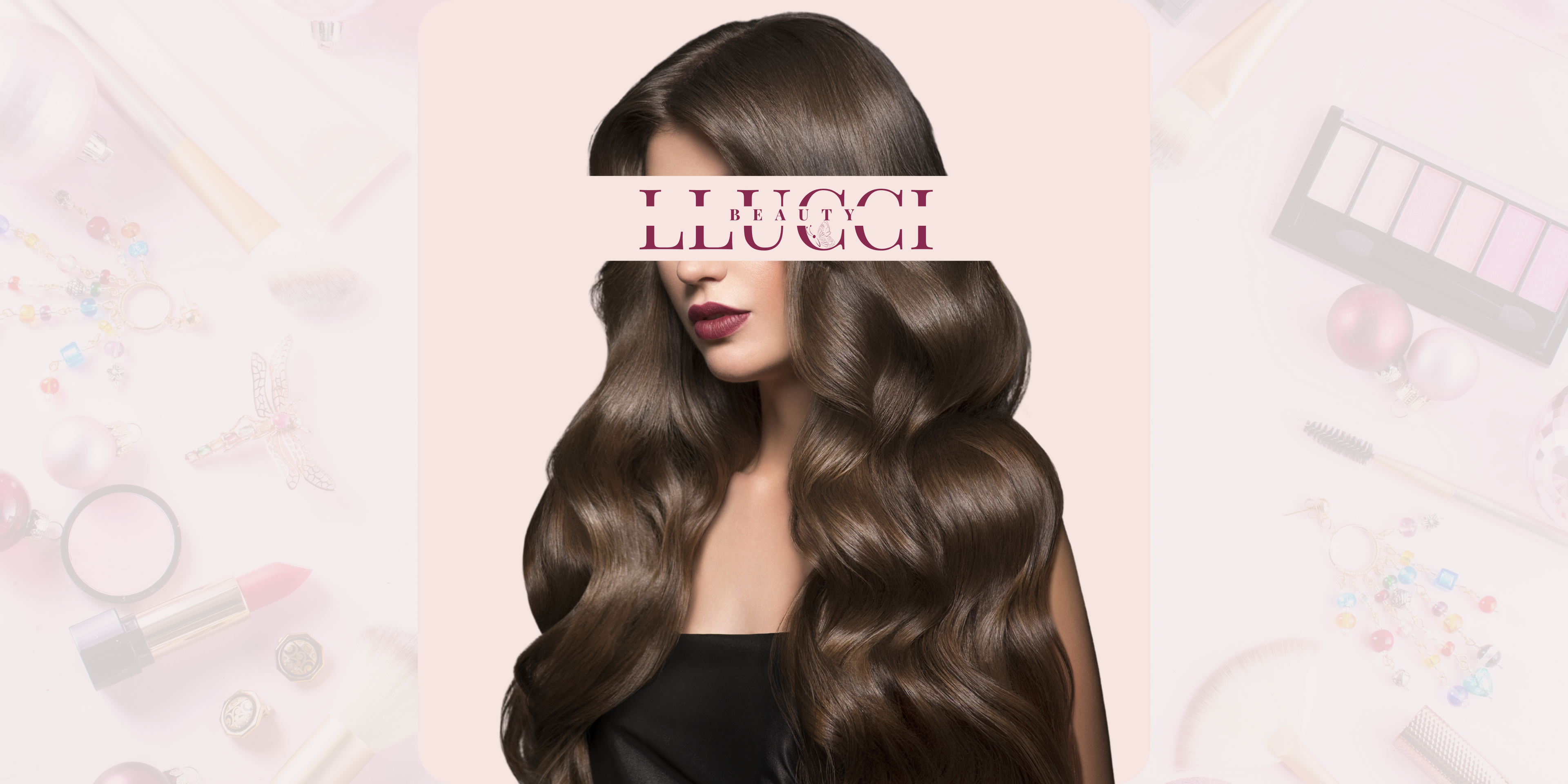 A woman with thick long hair and red lipstick with a LLUCCI Beauty Logo on her face