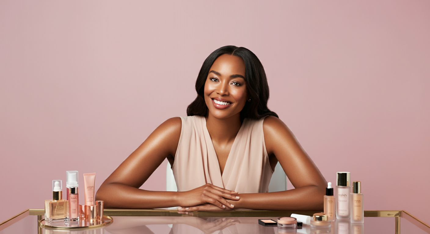 A LLUCCI Beauty customer service african woman at a table with LLUCCI products