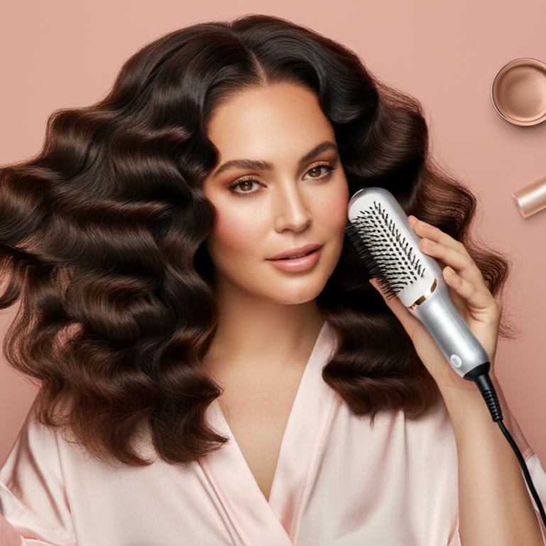 A woman with thick curly hair holding a LLUCCI hair device