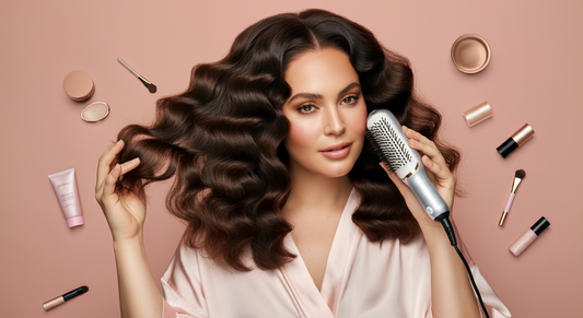 A woman with thick wavy hair holding a LLUCCI Beauty Hair Device