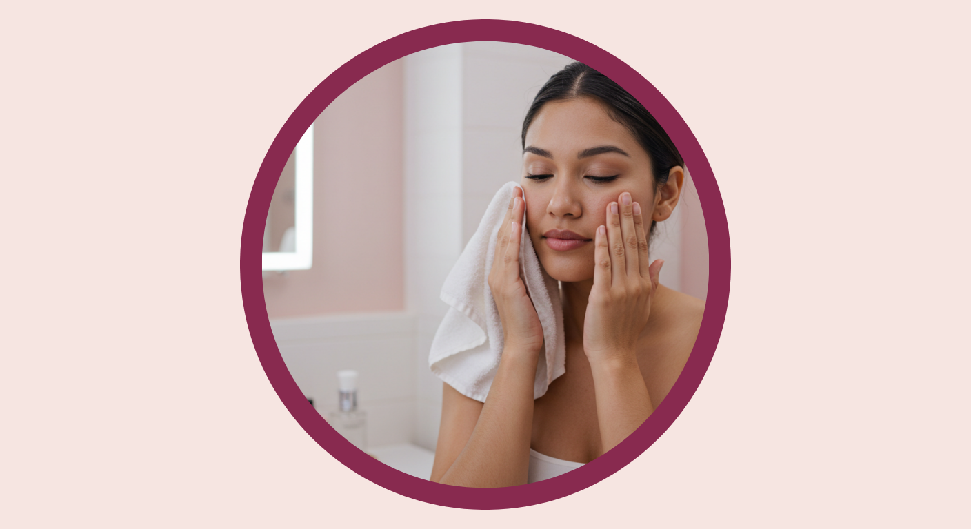 A woman cleaning her face and drying it with a LLUCCI towel