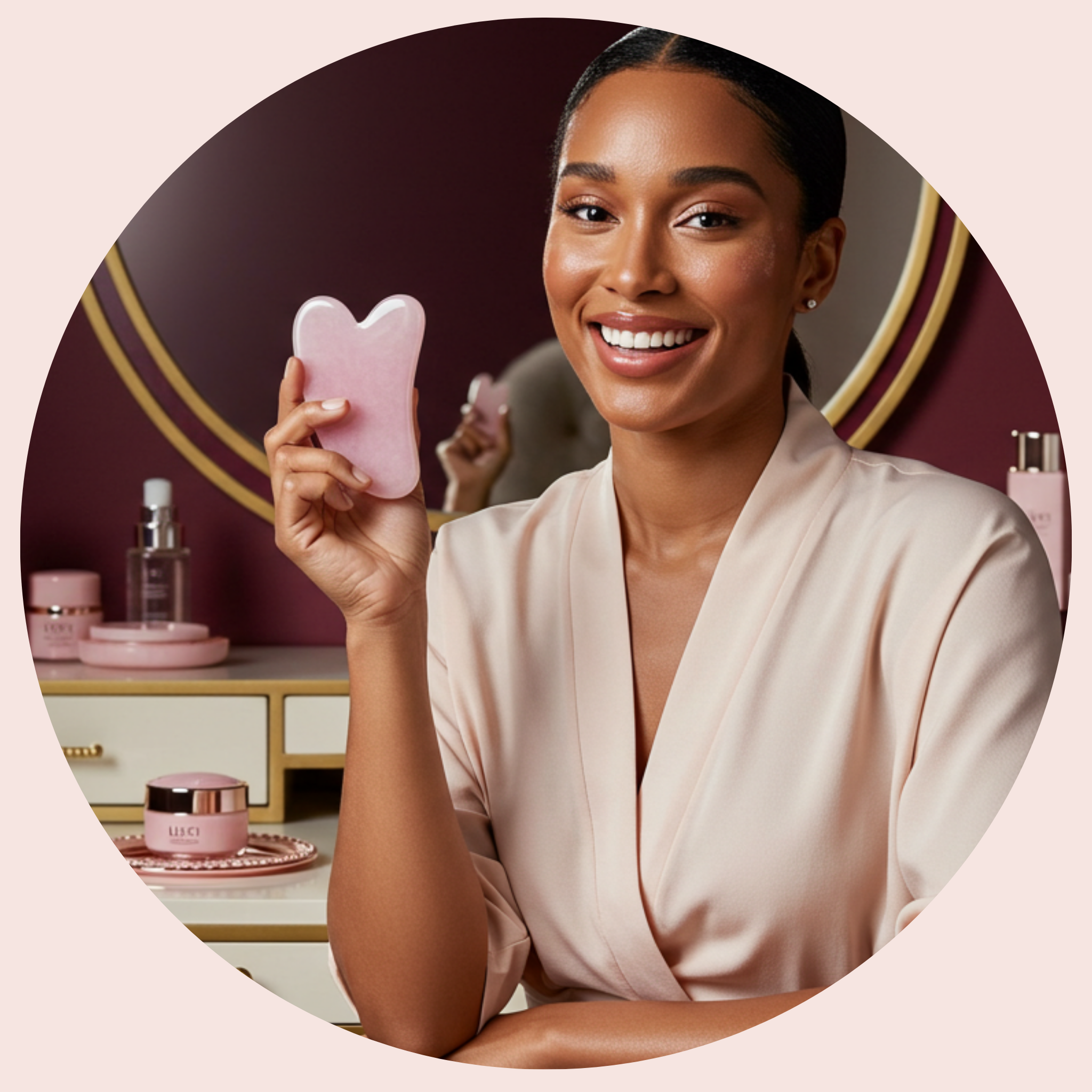 An African woman holding a GlowSculpt™ Gua Sha Stone at her vanity
