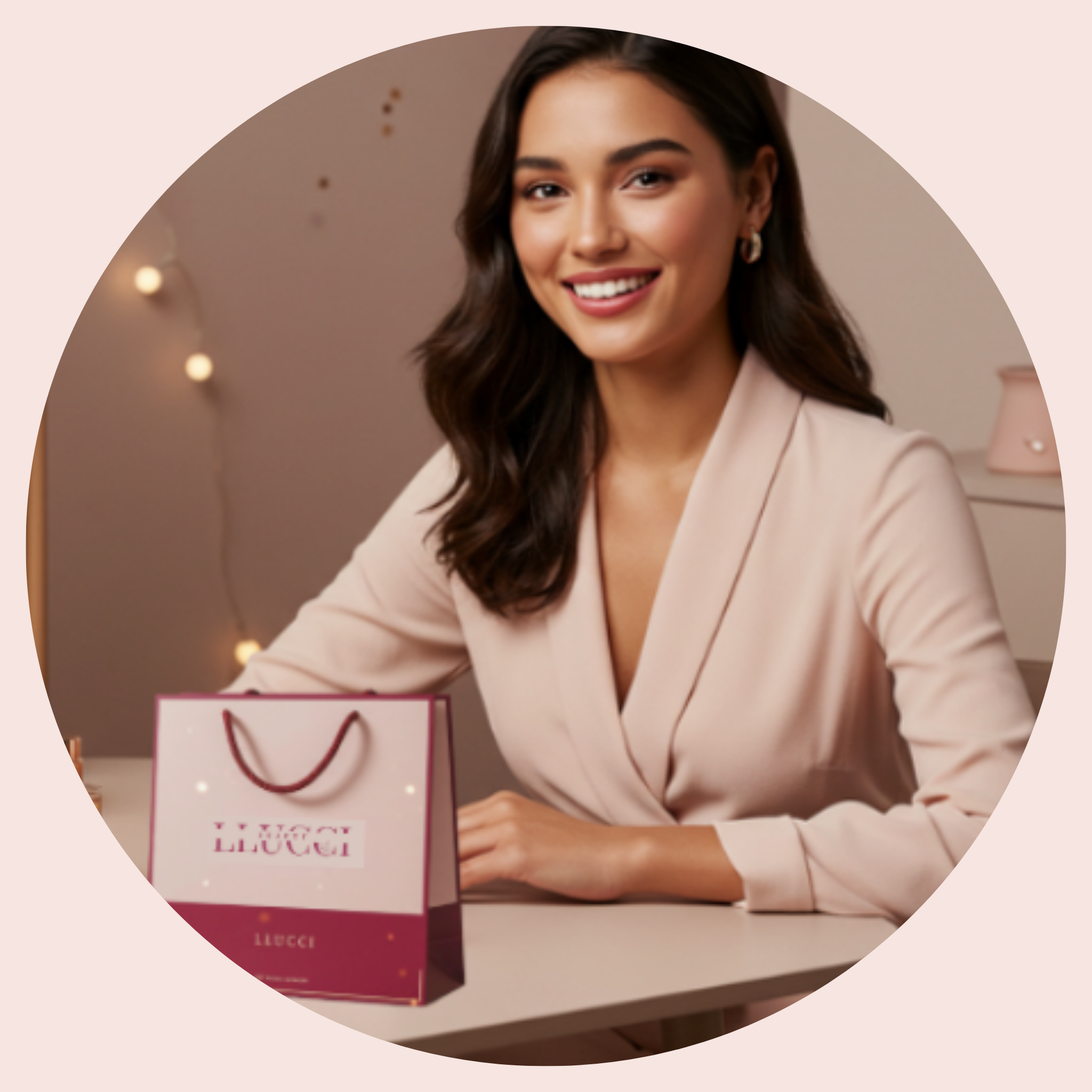 A LLUCCI Beauty Customer Service Rep Woman who is wearing an elegant pink suit with a LUCCI gift bag at her table