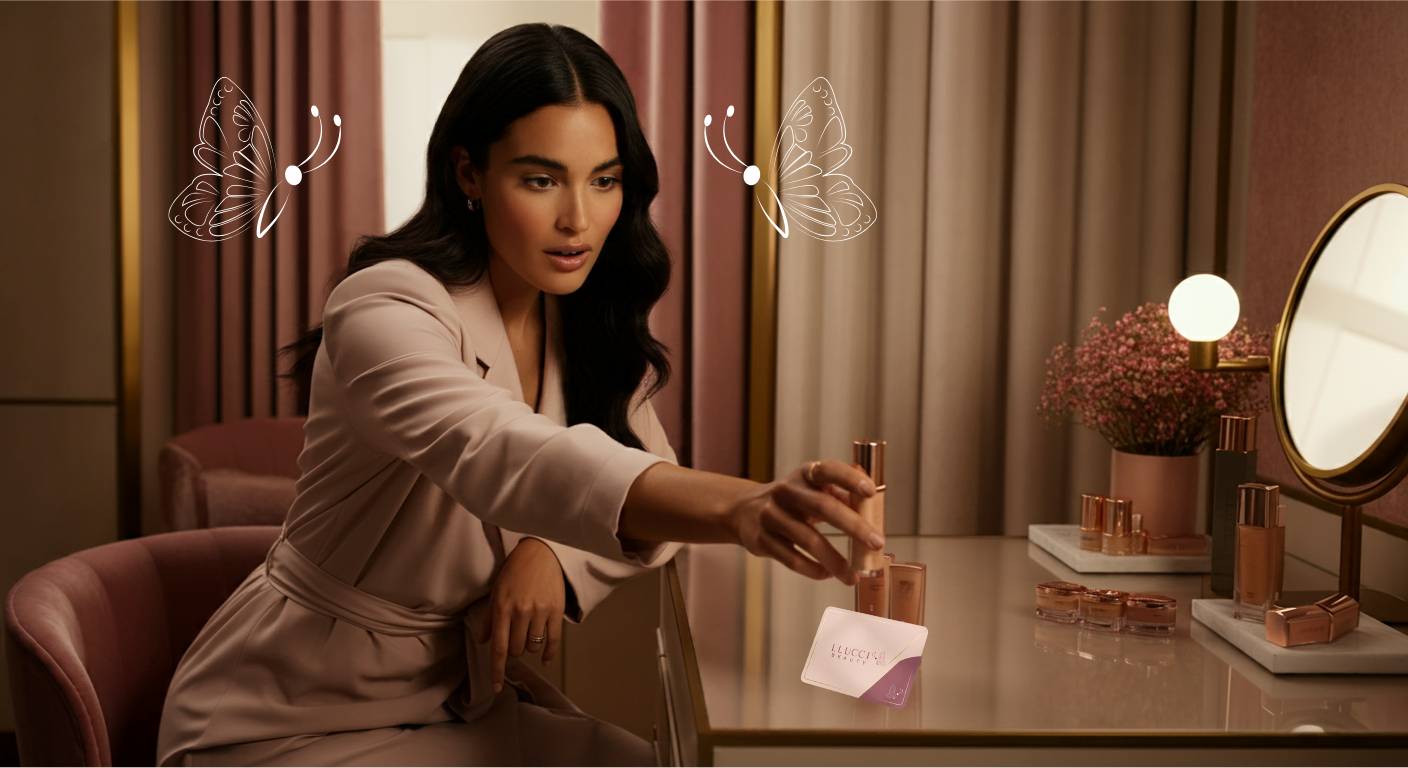 A woman is reaching for a LLUCCI Beauty product with a LLUCCI Gift Card on her vanity