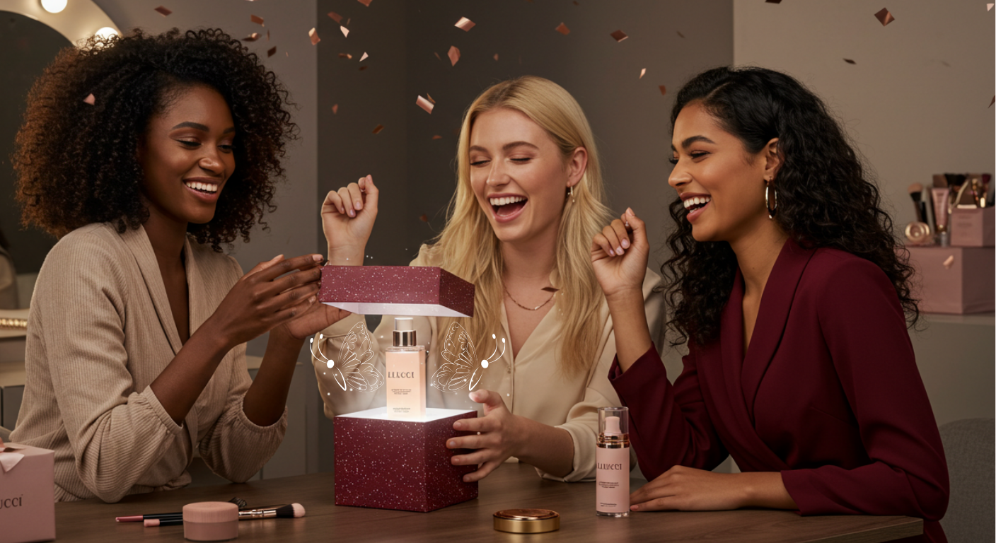 An African, American, and Latina woman are excited opening up a LLUCCI product from a present box