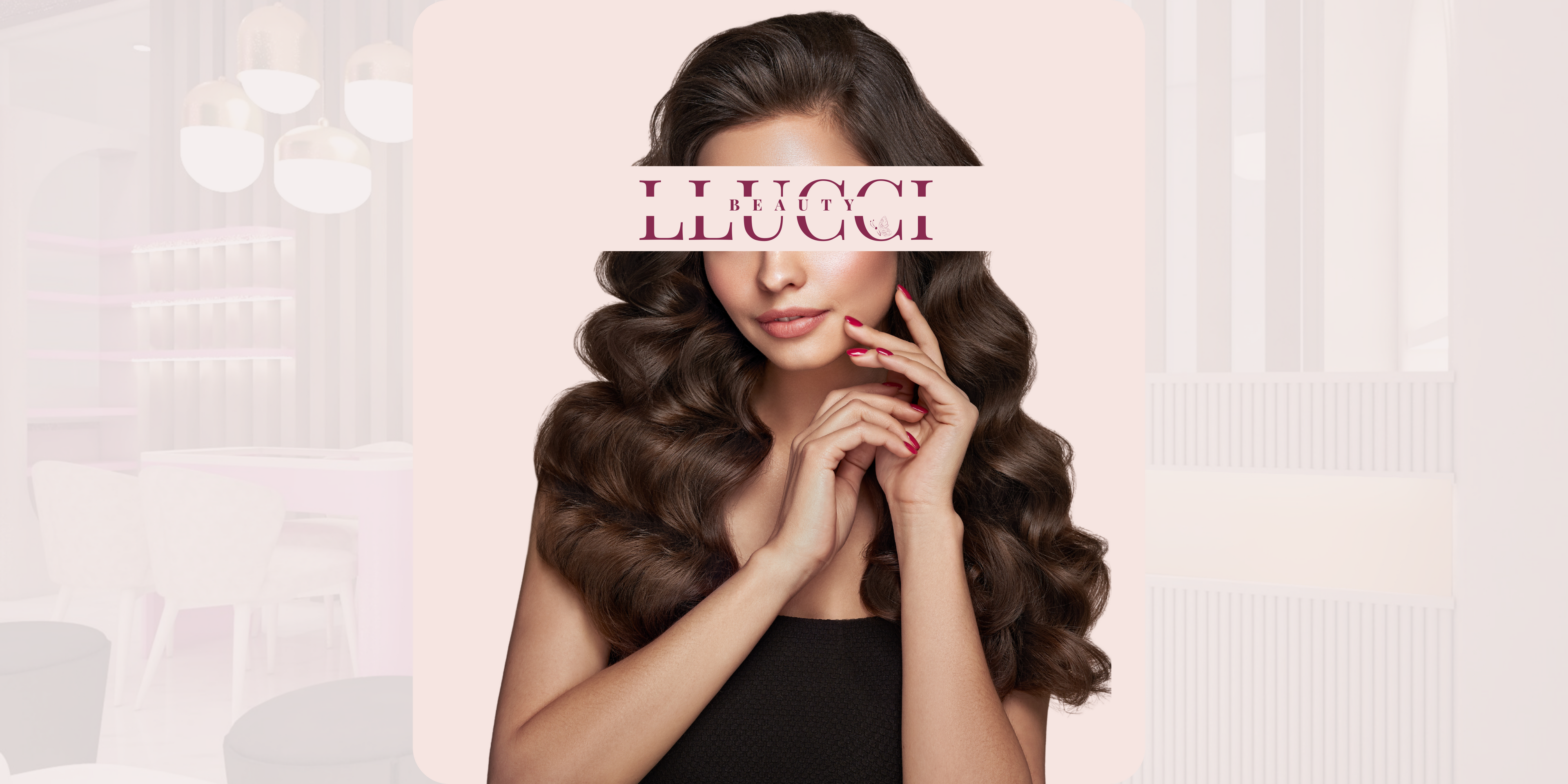 A woman with long thick hair touching her flawless face with a LLUCCI Beauty logo over her face