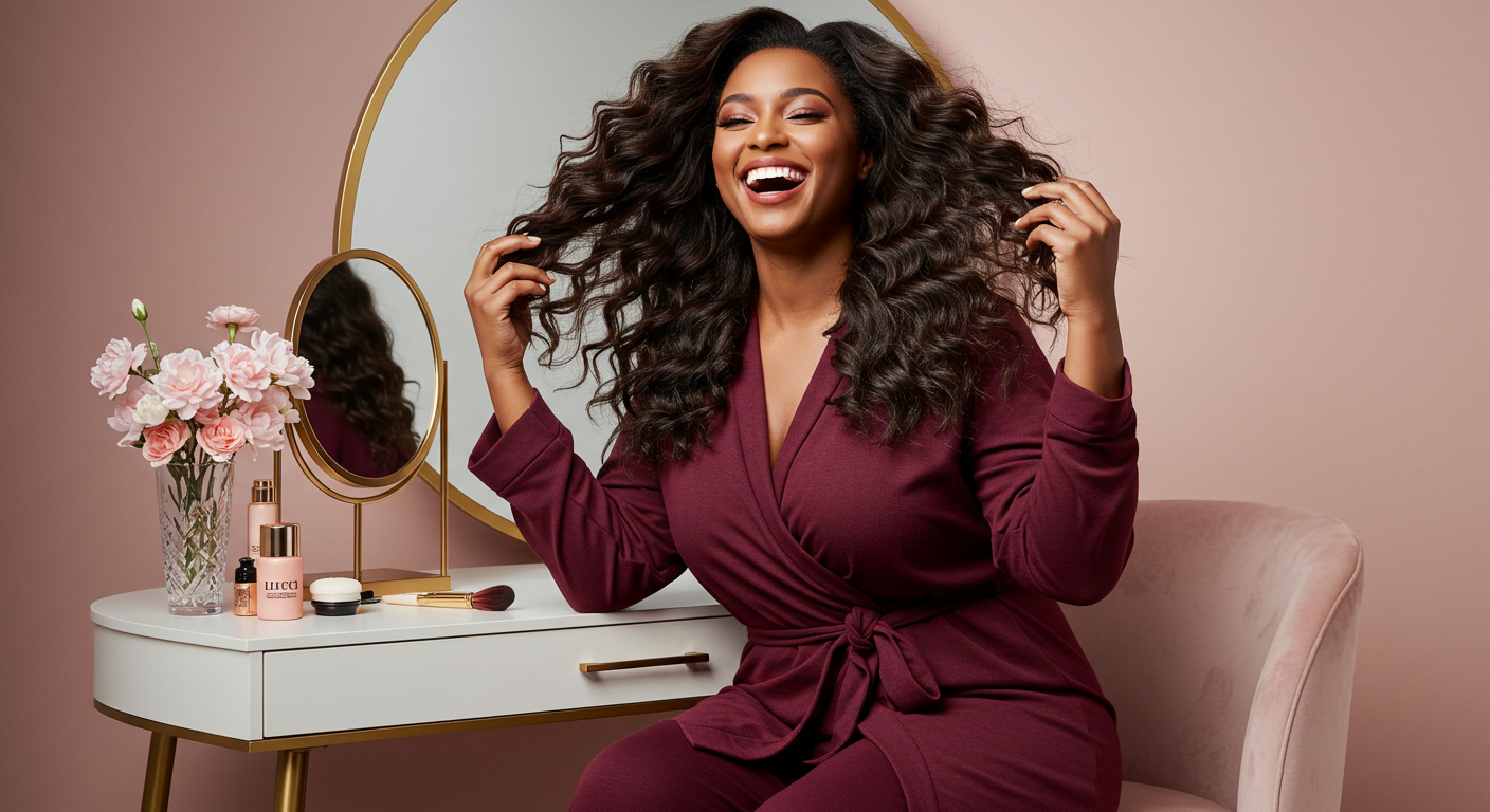 An excited African woman holding her thick hair at her vanity with HairRevive Pro™ on her side