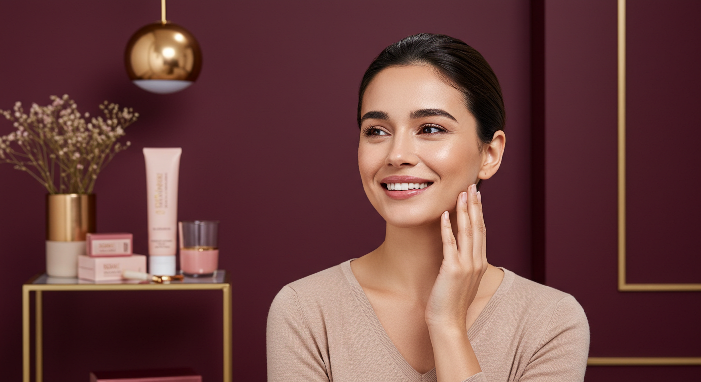 A smiling woman touching her face after using the V-Lift Pro™ Band LLUCCI product